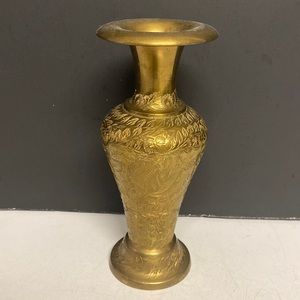 Brass Floral Etched Round Vase Lipped Made in India 7”